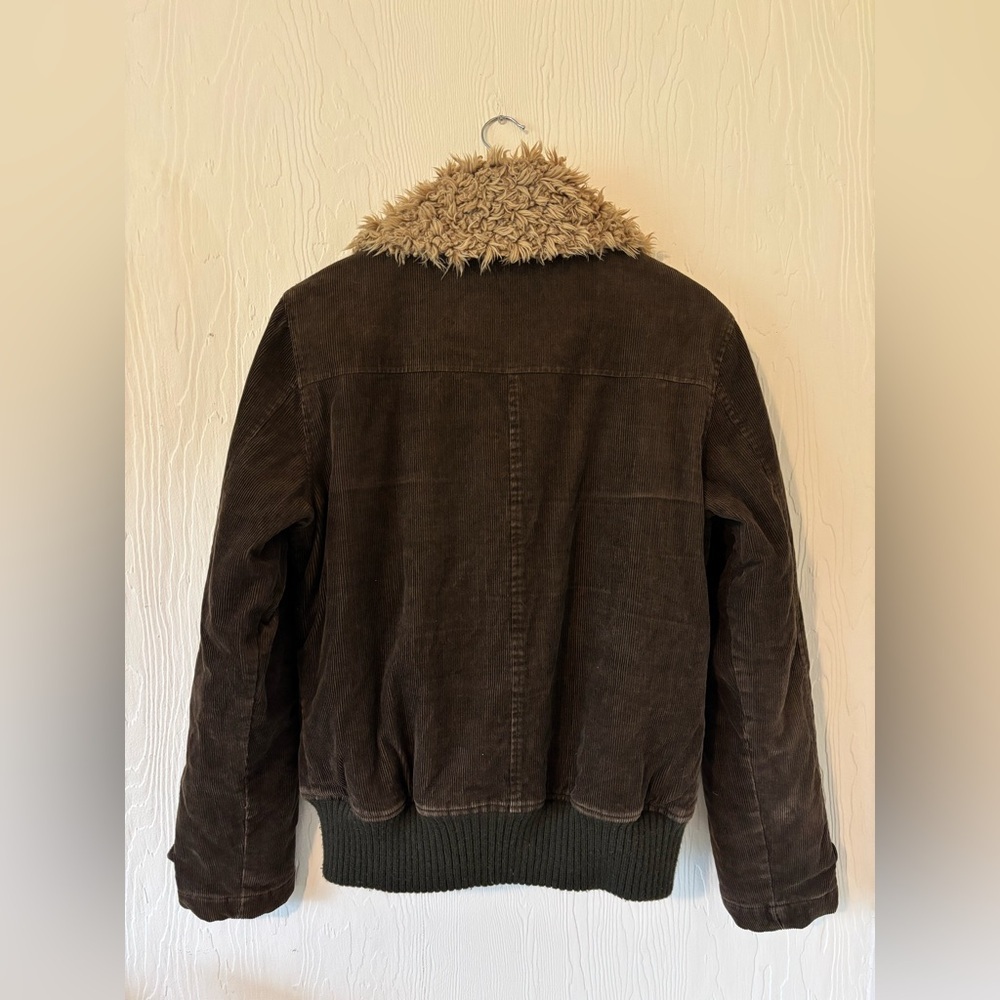 Vintage Brown Corduroy Fleece Lined with Tan Sherpa Collar Zip Up Bomber Jacket - Picture 10 of 10